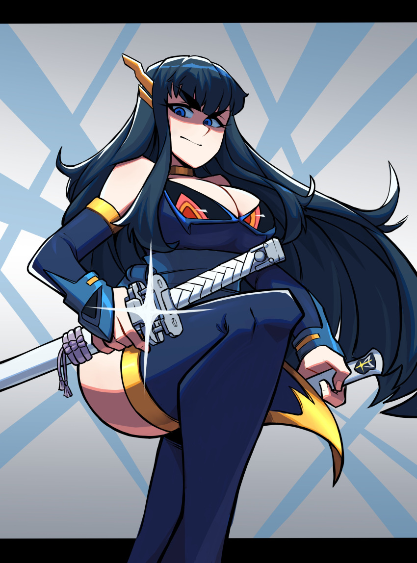 1girl absurdres adapted_costume aneurysm_ax bakuzan boots breasts detached_sleeves dress feet_out_of_frame hair_ornament highres junketsu katana kill_la_kill kiryuuin_satsuki large_breasts leg_up sash solo sparkle standing sword thigh-highs thigh_boots weapon
