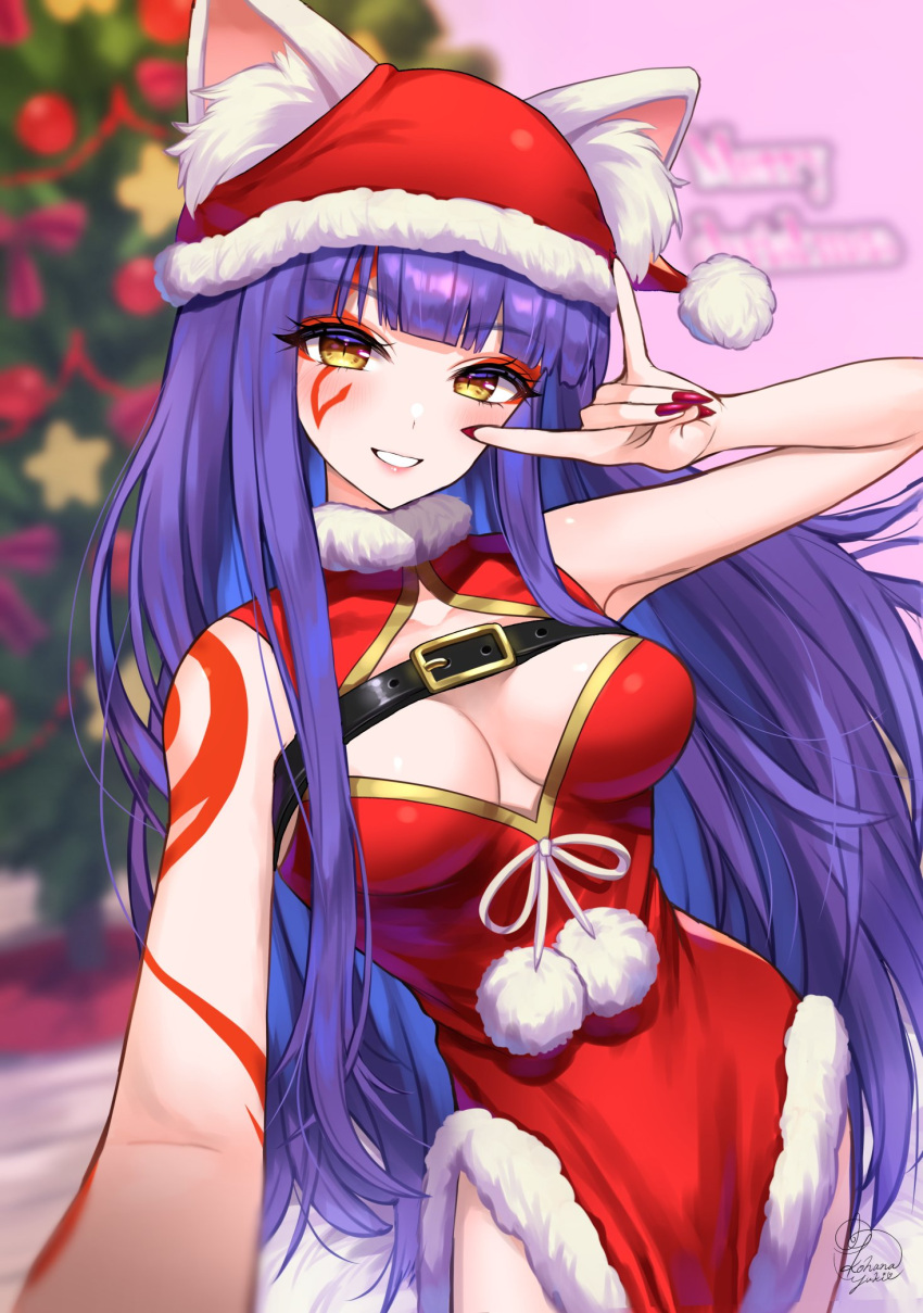 1girl animal_ear_fluff animal_ears artist_name bangs blurry blurry_background breasts christmas_tree cleavage_cutout clothing_cutout daji_(monster_strike) dress ears_through_headwear eyeshadow facial_mark fox_shadow_puppet fur_trim hand_up hat highres kohanayuki long_hair makeup medium_breasts merry_christmas monster_strike nail_polish open_mouth pom_pom_(clothes) purple_hair reaching_out red_dress red_headwear red_nails selfie signature smile solo yellow_eyes