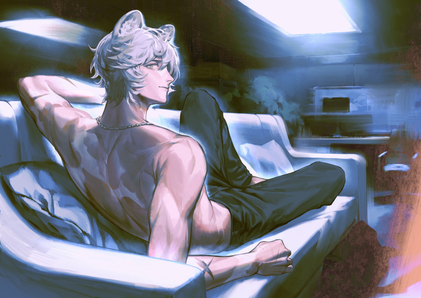 1boy absurdres animal_ears arknights bear_boy bear_ears couch dawnje grey_eyes grey_hair highres indoors jaye_(arknights) jewelry looking_at_viewer looking_back lying male_focus necklace pants scar scar_on_arm smile solo toned topless_male