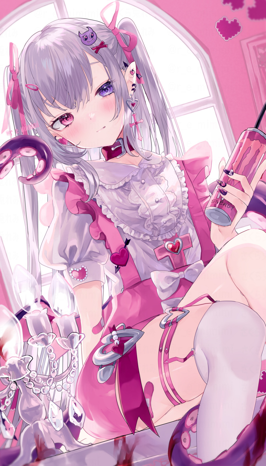 1girl bandages blush closed_mouth demon demon_girl ear_piercing earrings garter_straps hair_ribbon heterochromia highres jewelry long_hair looking_at_viewer nail_art original piercing pink_eyes pink_theme pointy_ears purple_hair remimim ribbon smile solo tentacles thigh-highs twintails violet_eyes