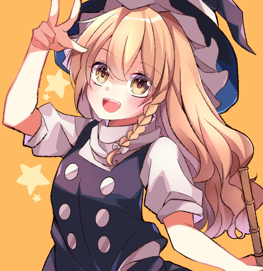 1girl blonde_hair blush bow braid hat hat_bow highres kirisame_marisa long_hair meimei_(meimei89008309) open_mouth puffy_sleeves shirt short_sleeves single_braid skirt solo star_(symbol) touhou v vest white_bow witch_hat yellow_eyes