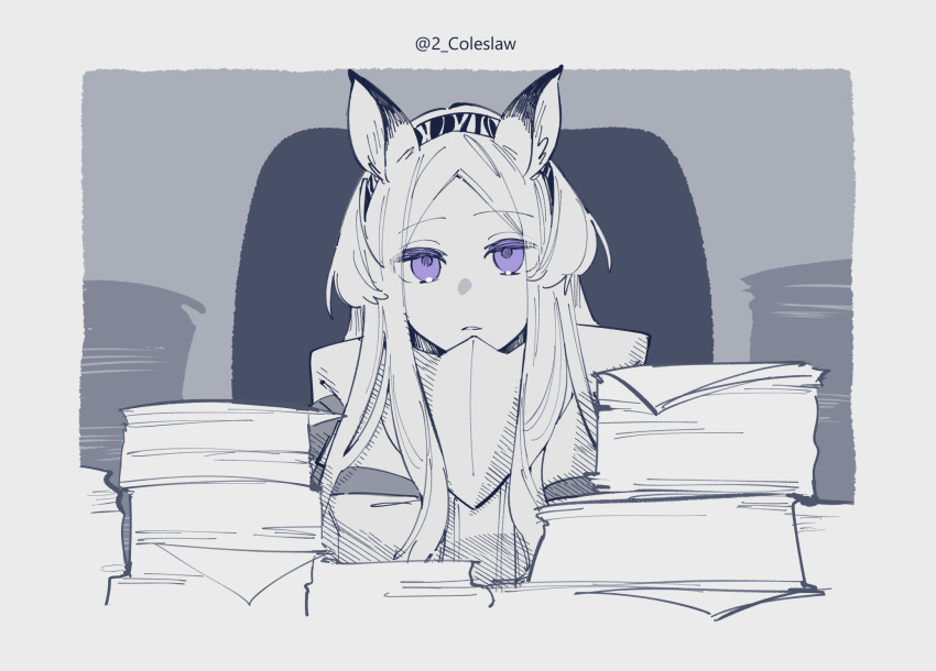 1girl animal_ears arknights border chair greyscale hairband heavyrain_(arknights) highres horse_ears long_hair looking_at_viewer mirin_chikuwa monochrome paper_stack sidelocks sitting solo spot_color twitter_username upper_body violet_eyes white_border