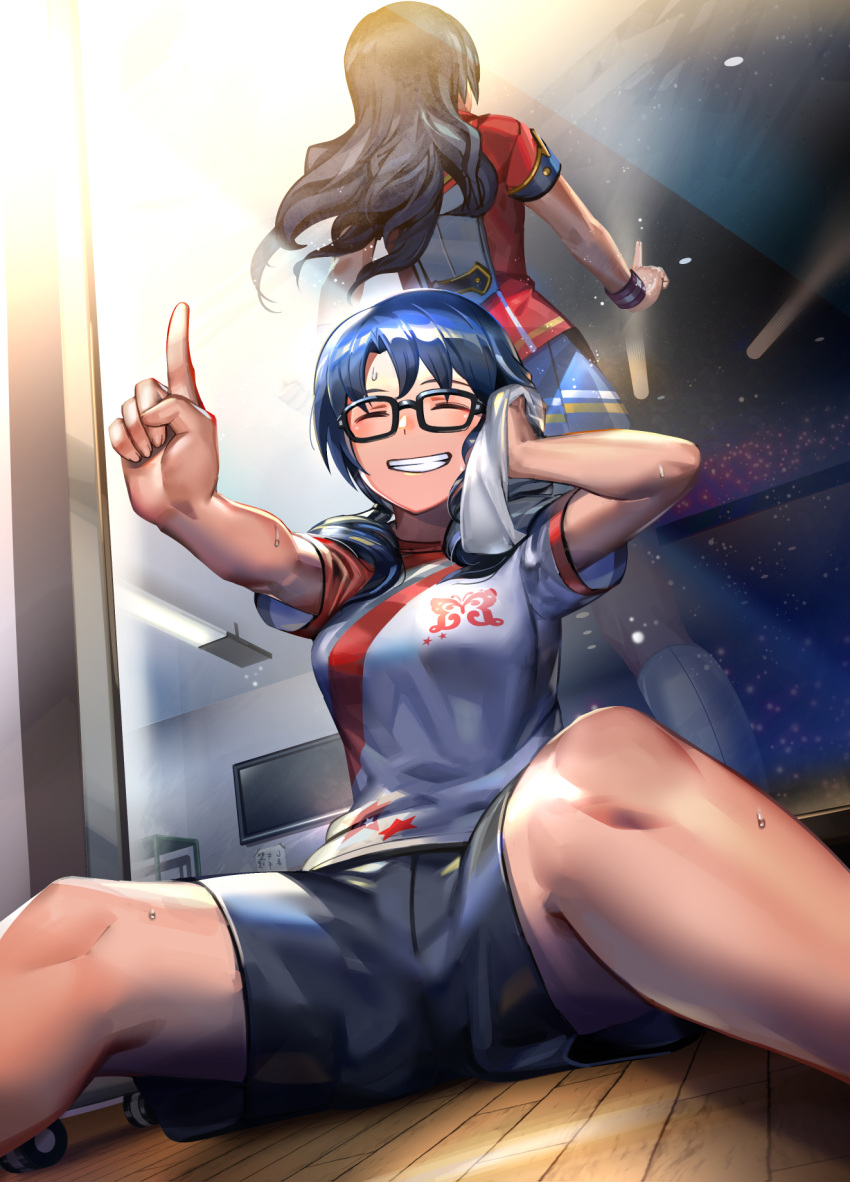 bangs black_hair black_shorts blue_skirt breasts closed_eyes commentary_request donarudo dual_persona glasses grin hand_on_own_head hand_up highres idolmaster idolmaster_million_live! idolmaster_million_live!_theater_days index_finger_raised jacket legs long_hair low_twintails medium_breasts mirror mirror_image on_floor pleated_skirt print_skirt red_jacket shiny_trinity_(idolmaster) shirt shorts sitting skirt smile spread_legs t-shirt takayama_sayoko thighs towel training_room twintails white_shirt wristband