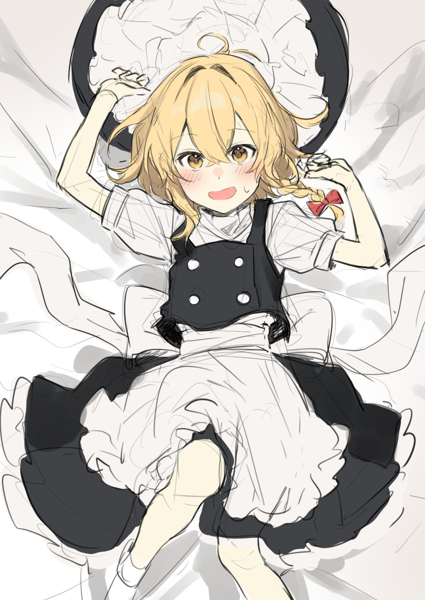 1girl ahoge apron arms_up back_bow bangs bed black_dress black_headwear blonde_hair blush bow braid buttons crossed_bangs dress eyebrows_visible_through_hair eyes_visible_through_hair frills grey_apron grey_bow grey_shirt hair_between_eyes hair_bow hands_up hat highres jill_07km kirisame_marisa looking_at_viewer looking_up lying nervous no_hat no_headwear no_shoes on_back open_mouth puffy_short_sleeves puffy_sleeves red_bow shirt short_hair short_sleeves single_braid smile socks solo sweat sweatdrop touhou white_legwear witch_hat yellow_eyes