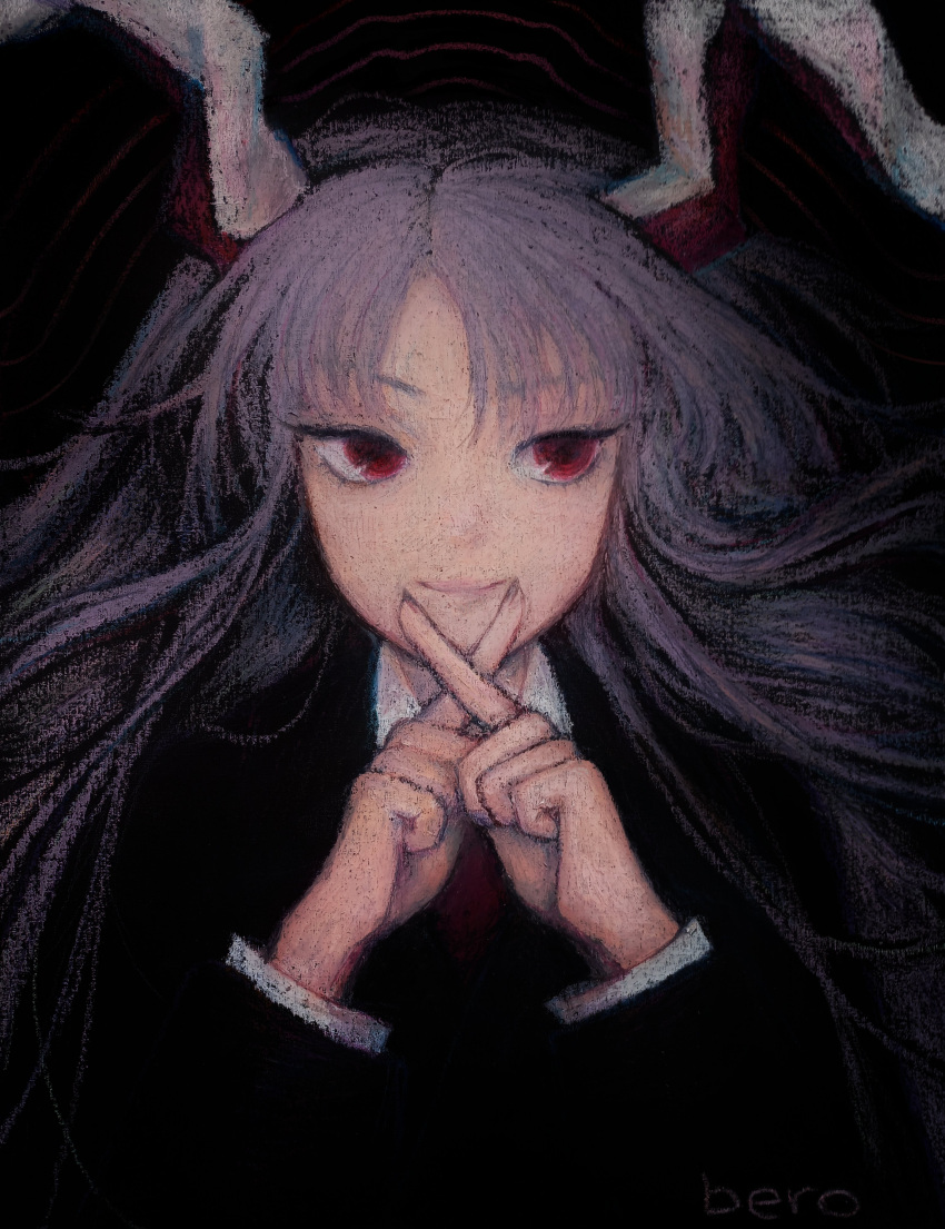 1girl absurdres animal_ears bangs black_background crossed_fingers finger_to_mouth highres light_smile long_hair long_sleeves looking_to_the_side purple_hair rabbit_ears red_eyes reisen_udongein_inaba shirt solo svveetberry touhou upper_body