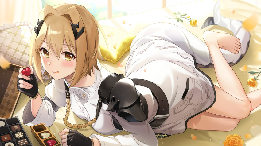 1girl alchemy_stars arm_support armor azuki_yui barefoot belt blonde_hair blush box box_of_chocolates breasts candy chocolate commentary_request dress fingerless_gloves flower food foot_out_of_frame gloves hair_between_eyes hair_intakes hair_ornament heart heart-shaped_chocolate highres holding indoors legs licking_lips long_sleeves looking_at_viewer lying medium_breasts medium_hair on_side petals pillow shoulder_armor sidelocks solo tail toes tongue tongue_out vice_(alchemy_stars) white_dress window yellow_eyes