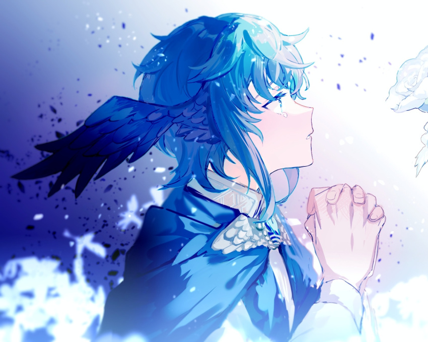 1girl bangs blue_capelet blue_eyes blue_hair brooch capelet feathered_wings final_fantasy final_fantasy_xiv flower from_side hands_up head_wings highres icejiangyusky jewelry looking_ahead meteion own_hands_clasped own_hands_together parted_lips portrait profile short_hair solo tears white_flower wings