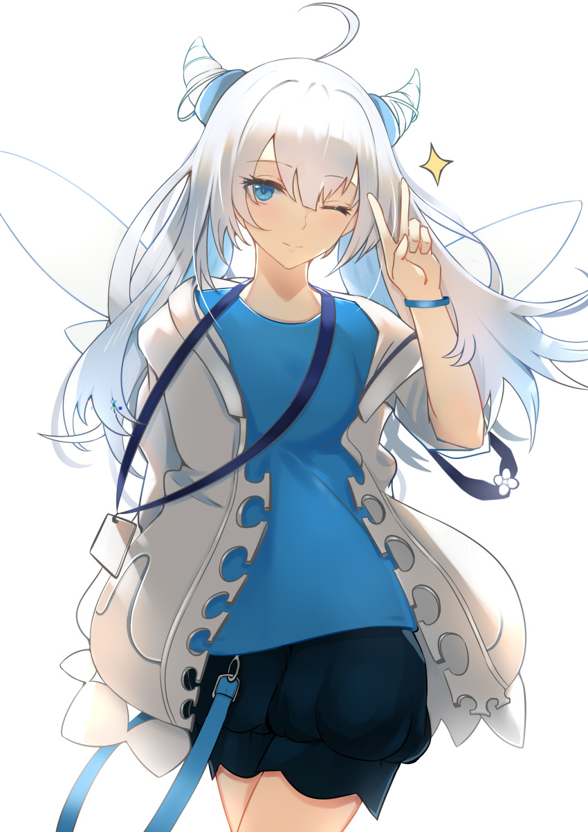 1girl absurdres ahoge bangs blue_eyes blue_hair blue_shirt blue_shorts coat highres id_card long_hair long_sleeves looking_at_viewer mihoyo_technology_(shanghai)_co._ltd. miyouji one_eye_closed shirt shorts simple_background smile solo star_(symbol) v white_background white_coat zhourues