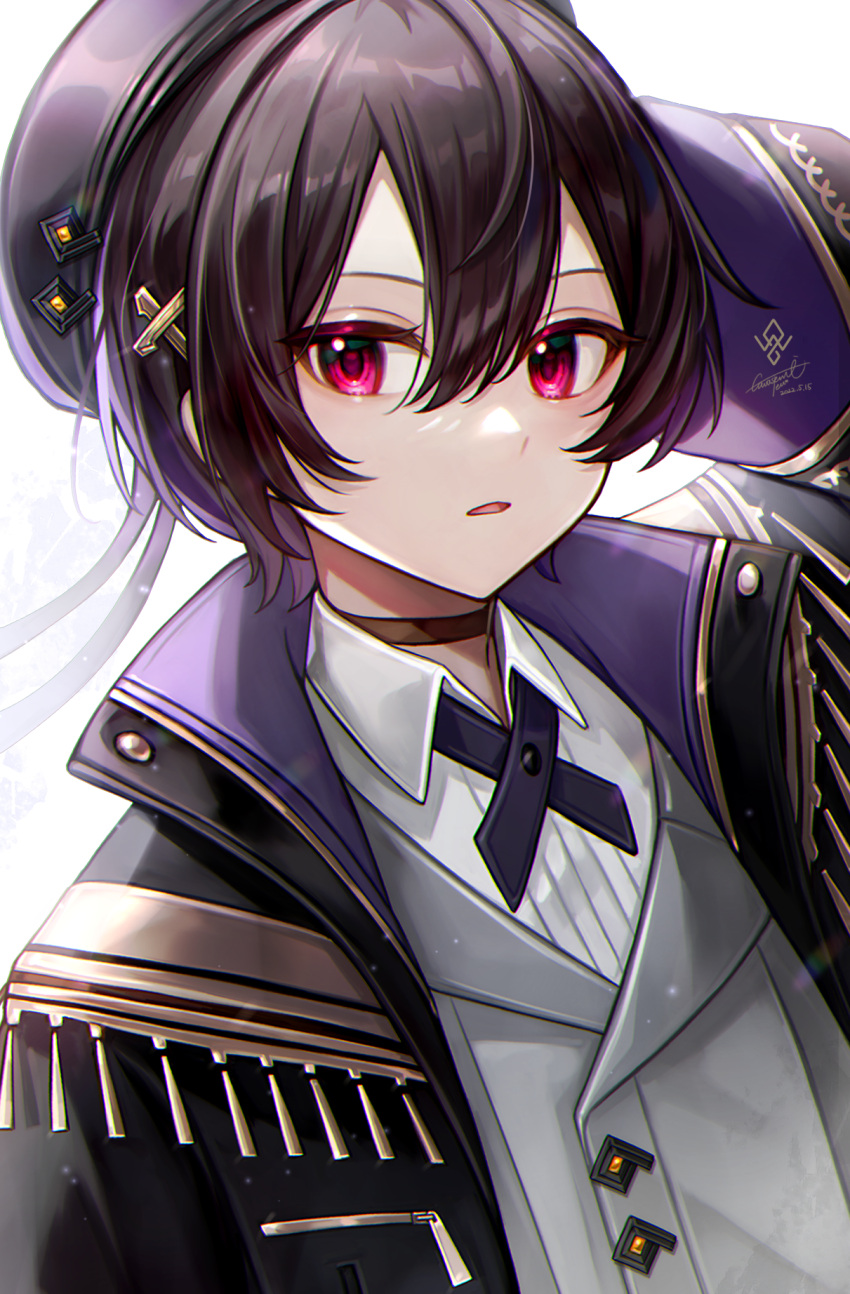 1boy androgynous artist_name black_hair choker collared_shirt eyelashes hair_ornament hairclip hat highres looking_at_viewer male_focus nixtutyannh open_mouth original ribbon shirt solo vest violet_eyes white_background white_shirt
