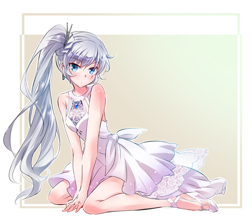 1girl bangs bare_shoulders blue_eyes border brooch closed_mouth commentary_request dress earrings eyebrows_visible_through_hair formal full_body hair_ornament high_heels highres iesupa jewelry kneeling legs long_hair platform_footwear rwby scar scar_across_eye scar_on_face side_ponytail solo tiara weiss_schnee white_border white_dress white_footwear white_hair