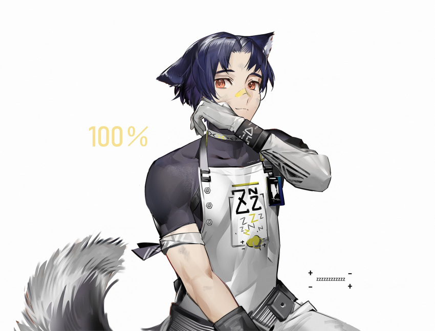 1boy animal_ears apron arknights armband bandaid bandaid_on_face bandaid_on_nose bishounen black_hair black_shirt dog_boy dog_ears dog_tail gloves highres infection_monitor_(arknights) male_focus orange_eyes shirt short_hair solo tail toned white_apron white_gloves windflit_(arknights) wiping_face yyb