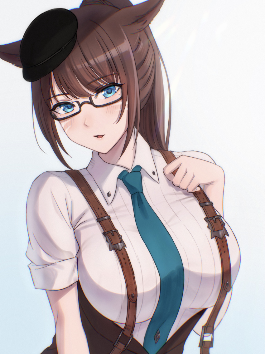 1girl absurdres animal_ears blue_eyes blue_necktie blush breasts brown_hair chiro_roo collared_shirt final_fantasy final_fantasy_xiv highres large_breasts long_hair looking_at_viewer miqo'te mole mole_under_eye necktie parted_lips ponytail shirt short_sleeves smile solo upper_body white_shirt