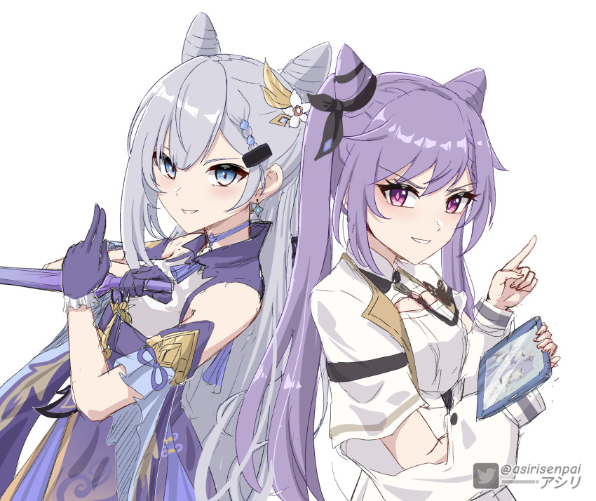 2girls asiri_senpai black_ribbon blue_eyes braid clothing_cutout crossover dress flower genshin_impact gloves grey_hair hair_cones hair_flower hair_ornament hair_ribbon highres holding holding_sword holding_tablet_pc holding_weapon hololive hololive_indonesia keqing_(genshin_impact) long_hair looking_at_viewer multiple_girls parted_lips purple_dress purple_gloves purple_hair ribbon smile sword tablet_pc twintails twitter_username upper_body vestia_zeta violet_eyes weapon white_background