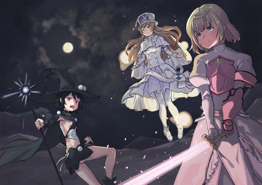 3girls arm_warmers armor armored_dress black_hair blonde_hair boots breastplate cape choker cross dress earrings gauntlets hat highres jeanne_d'arc_(tart_magica) jewelry kazumi_(kazumi_magica) long_hair magical_girl mahou_shoujo_kazumi_magica mahou_shoujo_madoka_magica mahou_shoujo_oriko_magica mahou_shoujo_tart_magica mikuni_oriko multiple_girls nanakamado pauldrons red_eyes shako_cap short_hair shoulder_armor skirt smile solo sword veil weapon white_dress witch_hat