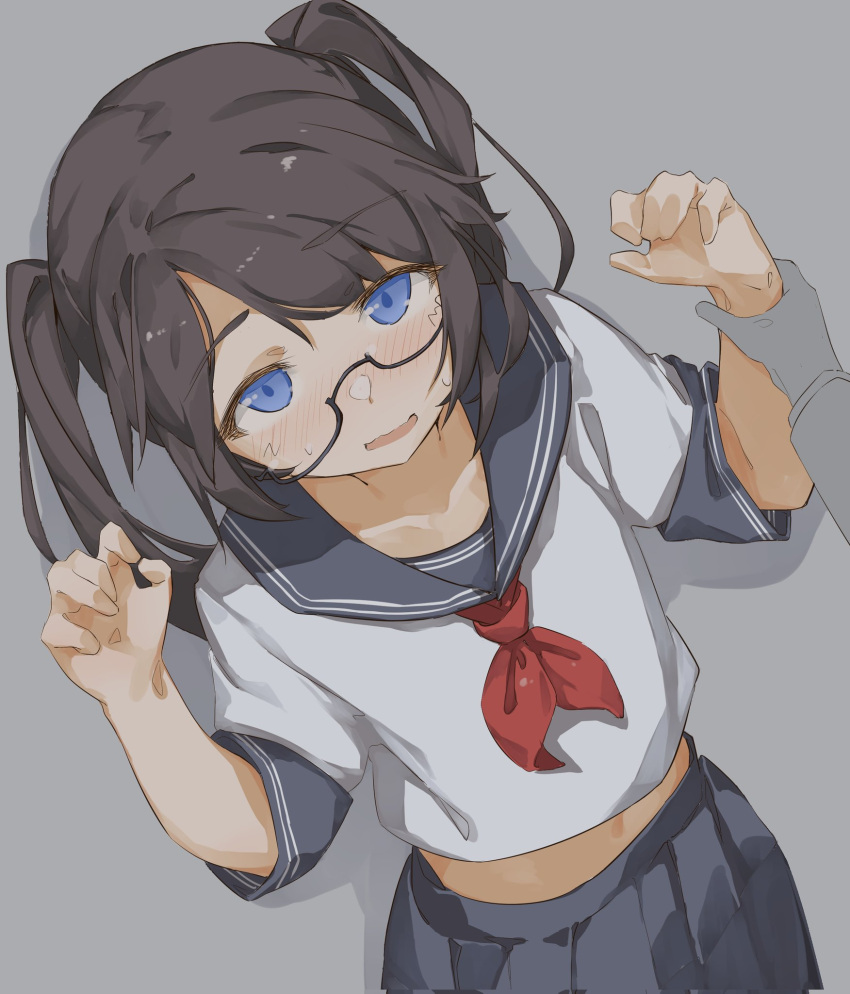 1girl 1other :o against_wall black_hair blush crop_top eyebrows_visible_through_hair glasses hands_up highres holding_another's_wrist idolmaster idolmaster_shiny_colors looking_at_viewer looking_up mitsumine_yuika navel neckerchief pleated_skirt red_neckerchief school_uniform semi-rimless_eyewear serafuku short_sleeves simple_background skirt sunfromwe twintails