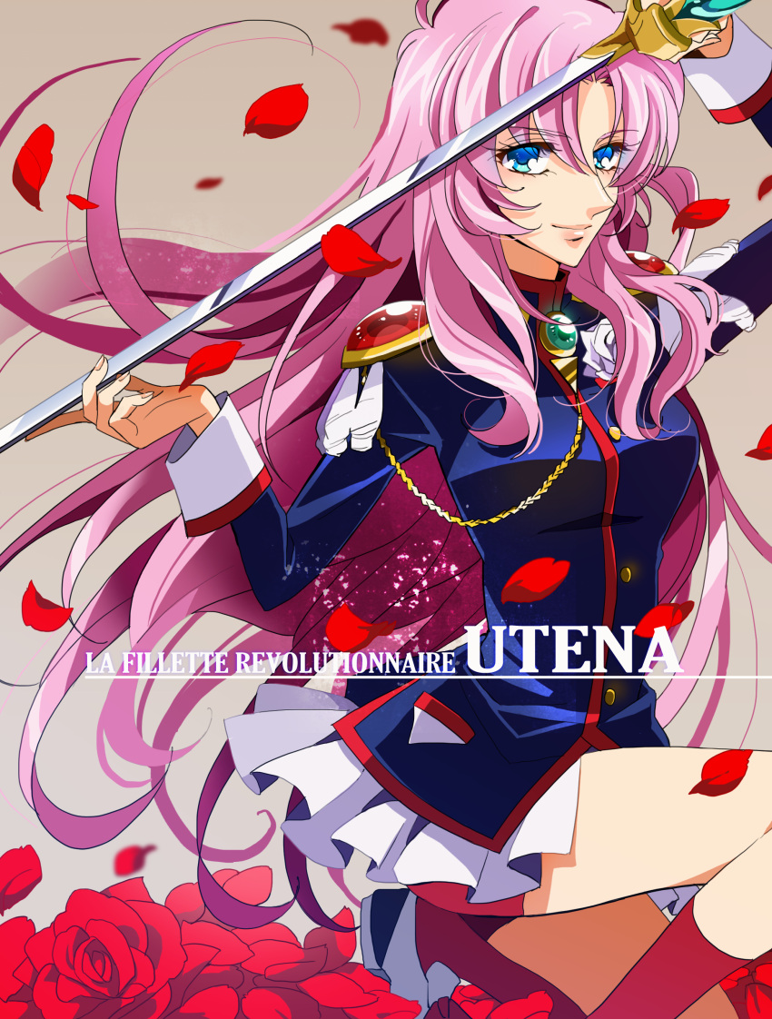 1girl absurdres aiguillette black_jacket blue_eyes copyright_name cowboy_shot epaulettes foot_out_of_frame hifumi_(balance) highres holding holding_sword holding_weapon jacket kneehighs kneeling lips long_hair long_sleeves looking_at_viewer ootori_gakuen_school_uniform petals pink_hair rapier red_legwear rose_petals school_uniform shoujo_kakumei_utena smile socks solo sword tenjou_utena weapon