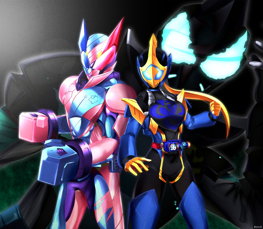 1girl 2boys absurdres aqua_eyes blue_armor blue_eyes blue_footwear blue_gloves bodysuit boots boxing_gloves breasts brother_and_sister clenched_hand cobra_(animal) cobra_genome driver_(kamen_rider) gloves glowing glowing_eyes heterochromia highres kamen_rider kamen_rider_evil kamen_rider_jeanne kamen_rider_revi kamen_rider_revice kangaroo kangaroo_genome libera_driver medium_breasts multiple_boys pink_armor pink_gloves ponytail red_eyes reiei_8 siblings thigh-highs thigh_boots tokusatsu yellow_gloves
