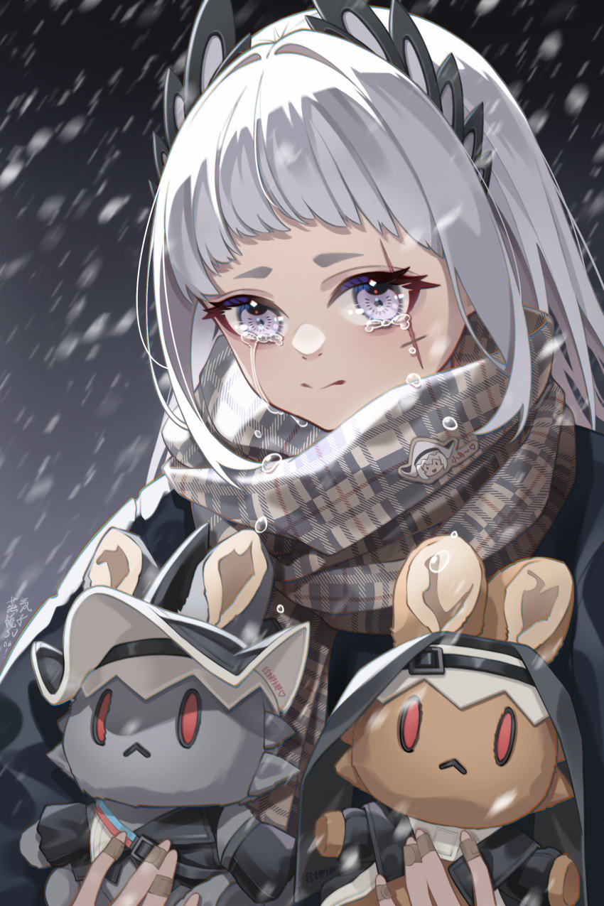 0_0 1girl :&lt; absurdres alternate_costume arknights bandaid bandaid_on_hand brown_scarf closed_mouth crying crying_with_eyes_open eyelashes grey_hair head_wings highres holding holding_stuffed_toy irene_(arknights) long_hair looking_down night outdoors plaid plaid_scarf scar scar_across_eye scar_on_face scarf signature smile snowing solo specter_(arknights) specter_the_unchained_(arknights) stuffed_animal stuffed_bunny stuffed_toy tears thick_eyebrows zhengqi_zhizi_sg