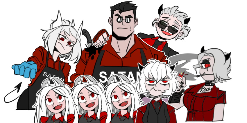 1boy 6+girls animal_ears apron blue_gloves cerberus_(helltaker) cigarette cross demon_girl demon_horns demon_tail fang glasses gloves grumpy helltaker helltaker_(character) highres horns justice_(helltaker) knife lucifer_(helltaker) malina_(helltaker) multiple_girls necktie red_gloves red_shirt shirt smoke stab sunglasses tail white_background zdrada_(helltaker)