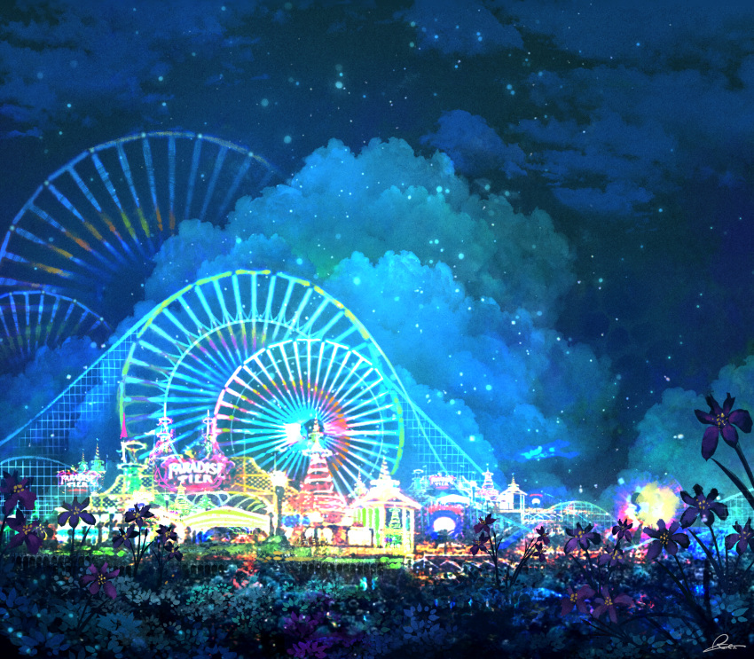 absurdres amusement_park architecture carnival carousel clouds cloudy_sky english_text fantasy ferris_wheel flower highres kurasuta no_humans original outdoors scenery sky star_(sky) starry_sky symbol-only_commentary