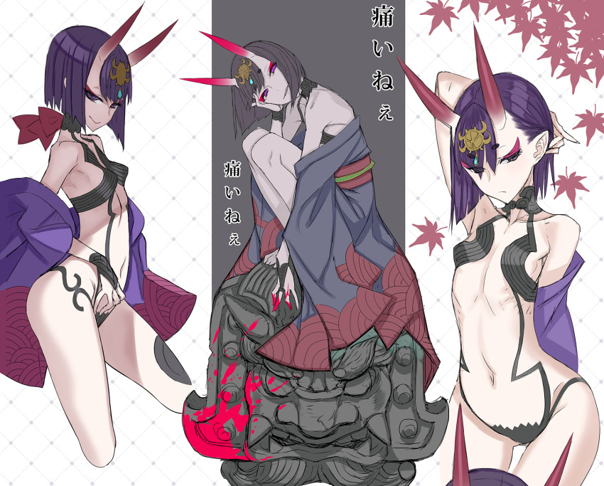 1girl bangs bare_shoulders bob_cut breasts fate/grand_order fate_(series) headpiece highres honjou_raita horns looking_at_viewer multiple_views navel oni oni_horns purple_hair revealing_clothes short_eyebrows short_hair shuten_douji_(fate) skin-covered_horns small_breasts thighs violet_eyes