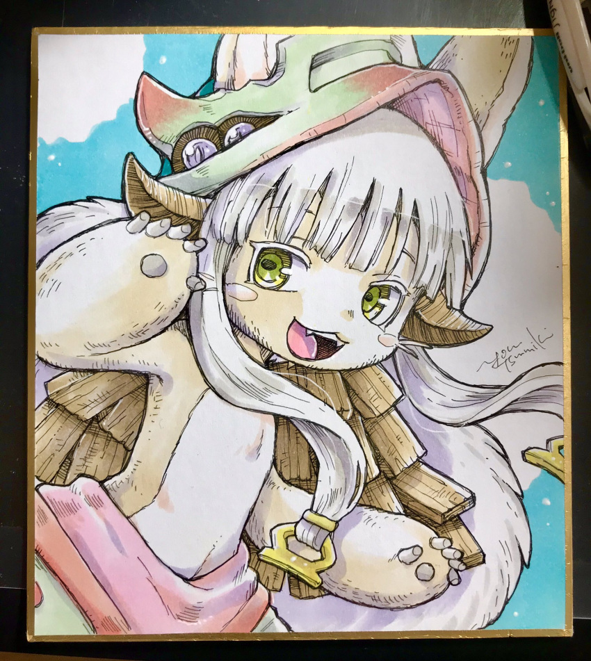 1other :3 animal_ears aqua_background artist_name brown_fur cowboy_shot fake_horns fangs furry green_eyes green_pants grey_hair hands_up helmet highres horns looking_at_viewer made_in_abyss multicolored_pants nanachi_(made_in_abyss) open_mouth other_focus pants photo_(medium) red_pants shikishi short_hair_with_long_locks signature smile solo topless traditional_media tsumiki_yuu white_background