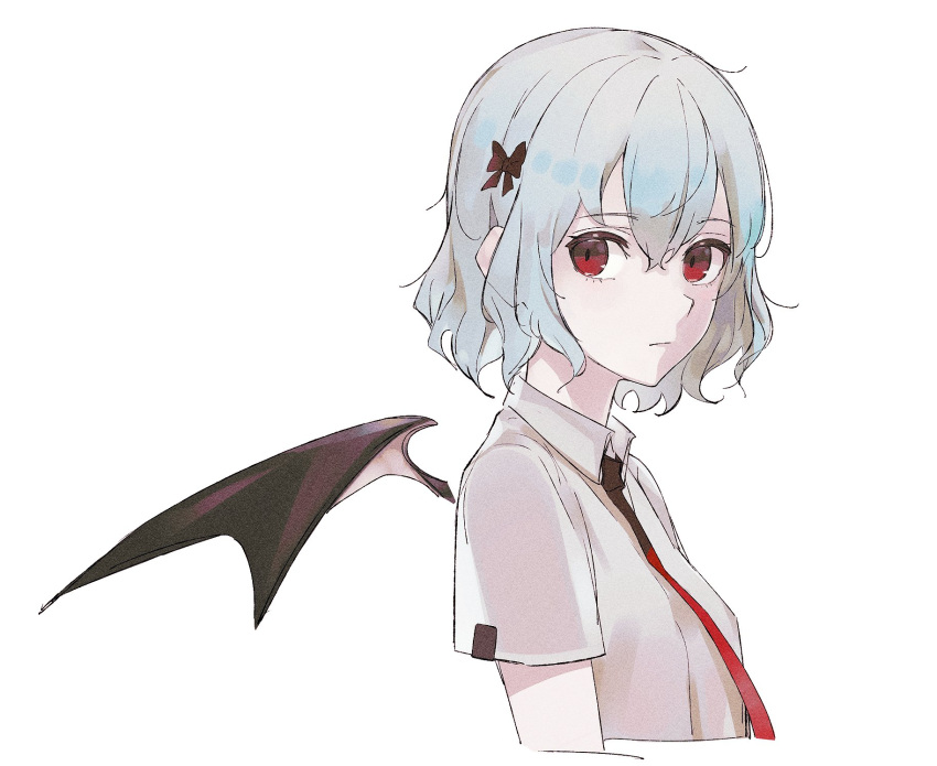 1girl alternate_costume bangs bat_wings black_bow blue_hair bow cropped_torso from_side hair_bow highres medium_hair necktie no_hat no_headwear o_(crazyoton46) red_eyes red_necktie remilia_scarlet shirt short_sleeves simple_background solo touhou upper_body white_background white_shirt wings