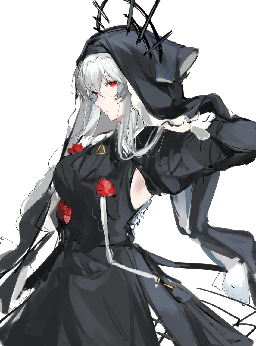 1girl absurdres arknights black_dress black_headwear black_sleeves commentary_request detached_sleeves dress flower grey_hair hair_between_eyes hand_up hat hat_ornament highres joshua_(shisanli934) long_hair looking_at_viewer official_alternate_costume red_eyes red_flower simple_background sketch solo specter_(arknights) specter_the_unchained_(arknights) white_background