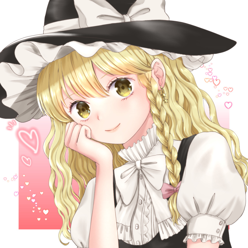 1girl bangs blonde_hair blush bow braid hand_on_own_cheek hand_on_own_face hat hat_bow heart highres kirisame_marisa kyabekko long_hair looking_at_viewer puffy_short_sleeves puffy_sleeves short_sleeves smile solo touhou upper_body white_bow witch_hat yellow_eyes