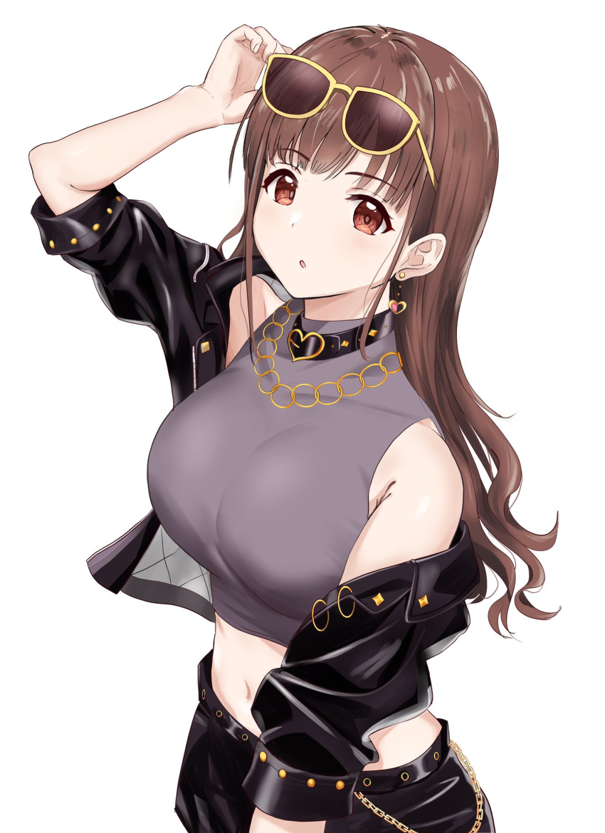 1girl black_jacket breasts brown_hair eyewear_on_head fumito_(formit2) grey_shirt highres holding holding_eyewear idolmaster idolmaster_shiny_colors jacket large_breasts leather leather_jacket long_hair looking_at_viewer navel shirt simple_background sleeveless sleeveless_shirt solo sonoda_chiyoko sunglasses wavy_hair yellow-framed_eyewear