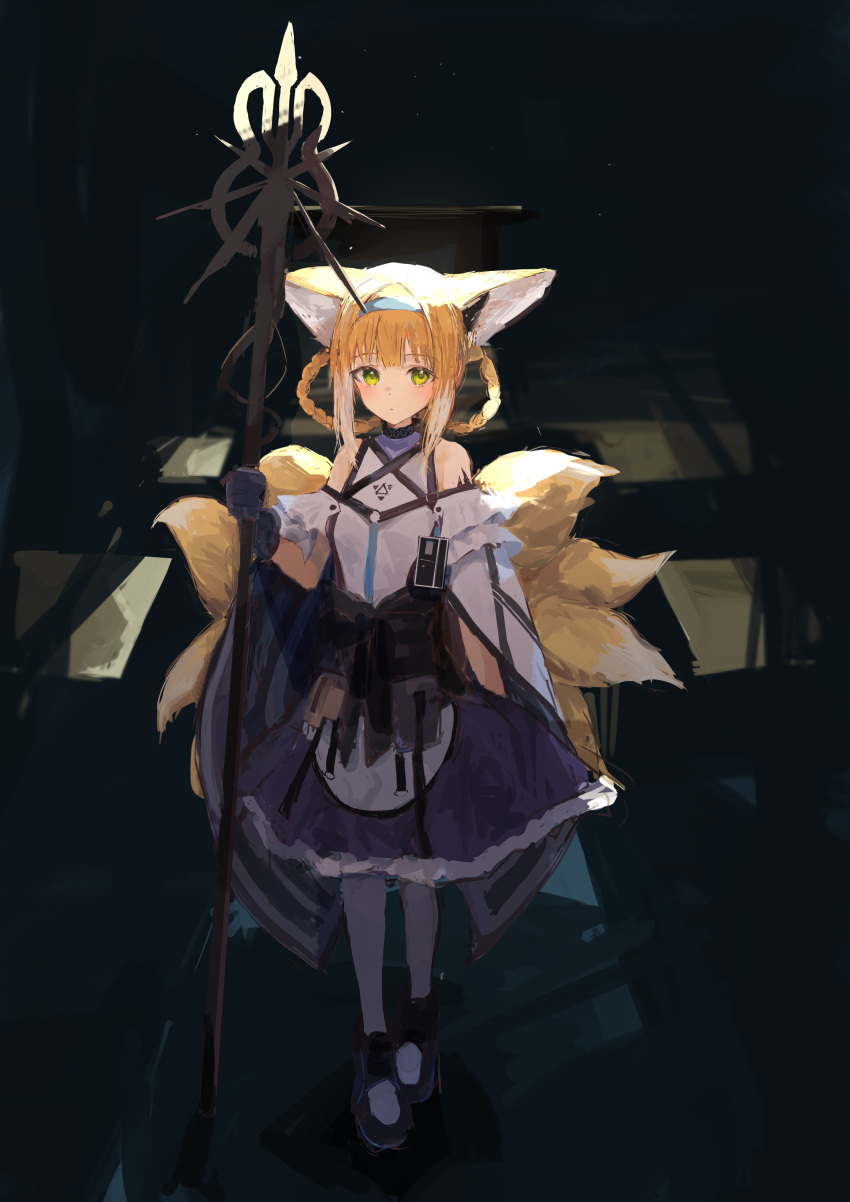 absurdres animal_ear_fluff animal_ears arknights bangs bare_shoulders black_choker black_footwear black_gloves black_legwear blonde_hair blue_dress blue_hairband blunt_bangs braid breasts choker closed_mouth commentary_request detached_sleeves dress feet_together fox_ears fox_tail full_body gloves gradient_hair green_eyes hairband highres holding holding_staff holding_weapon ichika_(ichika87) id_card long_hair looking_at_viewer multicolored_clothes multicolored_dress multicolored_hair multiple_tails pantyhose parted_lips shoes sidelocks sleeveless sleeveless_dress small_breasts staff standing suzuran_(arknights) tail twin_braids weapon white_dress white_hair white_sleeves