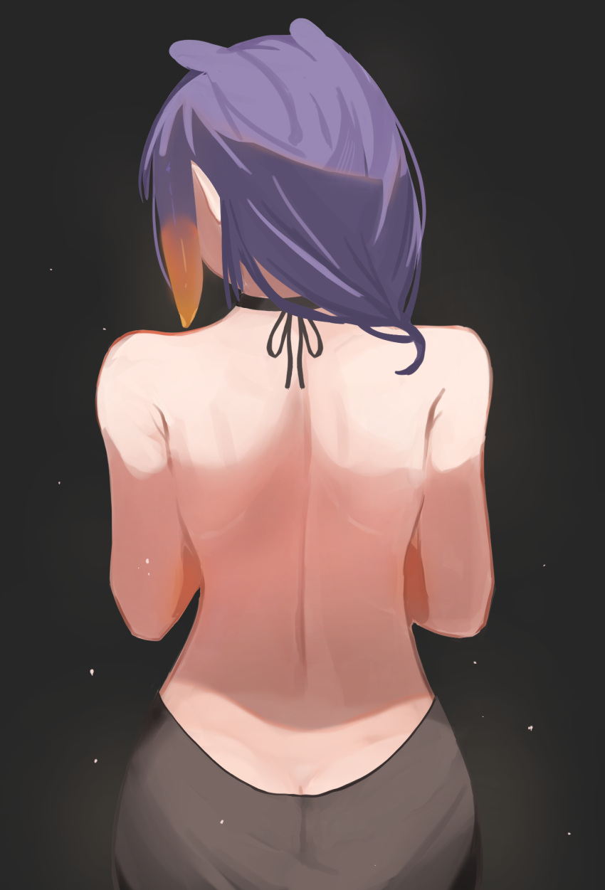 1girl alternate_costume ass backless_dress backless_outfit black_background black_dress butt_crack dress from_behind hair_behind_ear highres hololive hololive_english ku_roiko long_hair ninomae_ina'nis purple_hair solo virtual_youtuber