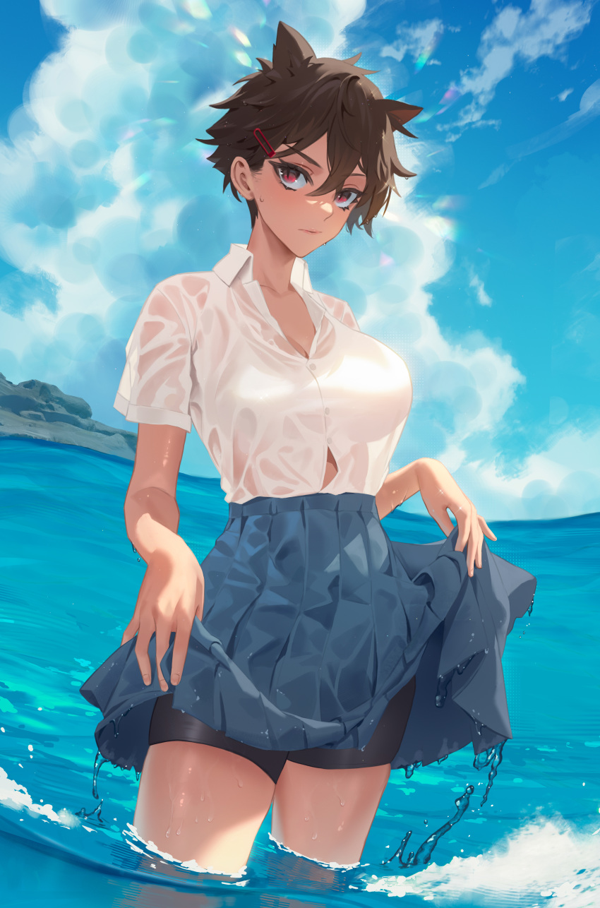 1girl absurdres bangs black_shorts blue_skirt blue_sky borrowed_character breasts brown_hair cirilla_lin closed_mouth clouds collared_shirt commentary cowboy_shot dark-skinned_female dark_skin day eyebrows_visible_through_hair hair_between_eyes hair_ornament hairclip highres large_breasts looking_at_viewer micchan_(ohisashiburi) original outdoors pleated_skirt red_eyes see-through shirt short_hair short_sleeves shorts shorts_under_skirt skirt skirt_hold sky solo standing wading water wet wet_clothes wet_shirt white_shirt