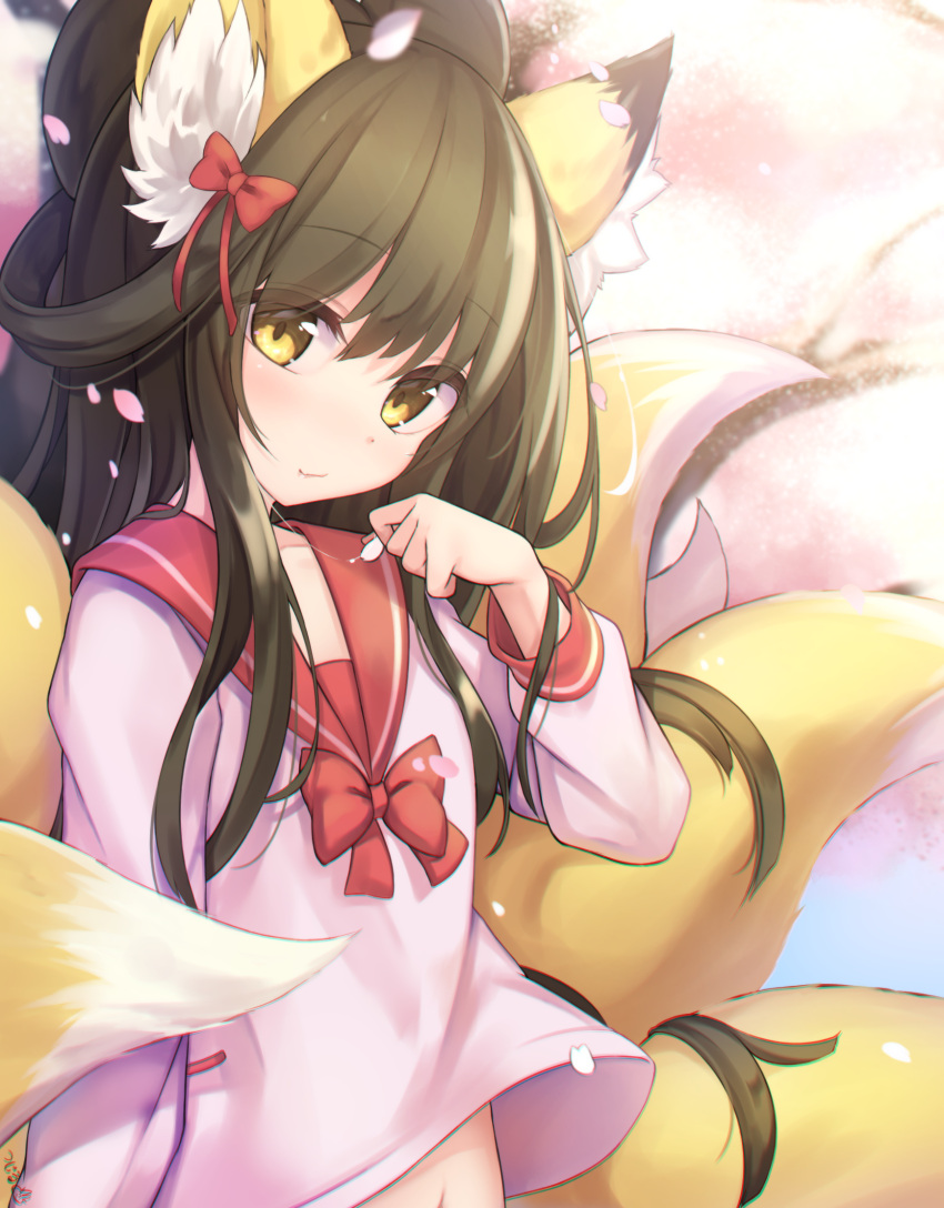 1girl animal_ear_fluff animal_ears bangs black_hair bow eyebrows_visible_through_hair eyes_visible_through_hair fox_ears fox_girl fox_tail hair_bow hair_over_shoulder hand_up highres himeyuri_(nyanko_daisensou) kitsune long_hair looking_at_viewer multiple_tails nyanko_daisensou pink_serafuku red_bow school_uniform serafuku solo tail twin-7646 upper_body yellow_eyes