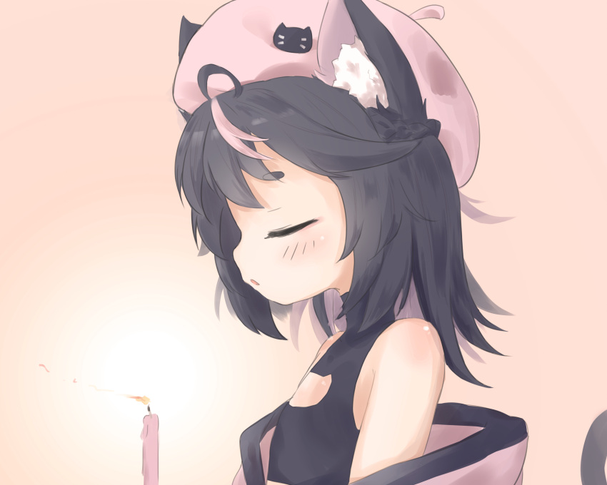 1girl ahoge animal_ear_fluff animal_ears baigao bare_shoulders black_hair blowing_candle blush borrowed_character braid candle cat_ears cat_girl cat_tail closed_eyes hair_strand happy_birthday highres medium_hair original pink_hair pink_headwear portrait profile simple_background solo tail tail_raised thick_eyebrows upper_body
