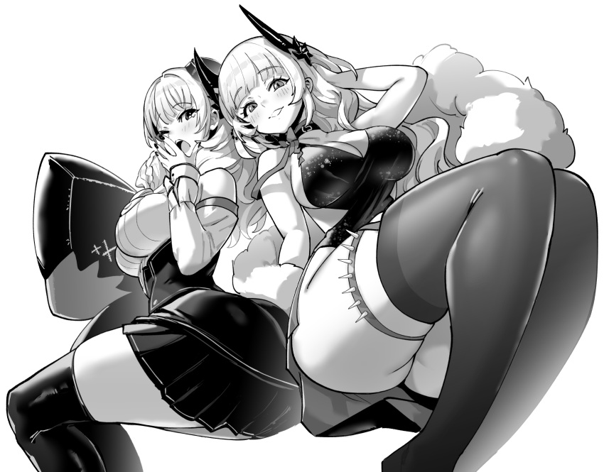 2girls azur_lane azur_lane:_slow_ahead bare_shoulders blush breasts dress greyscale highres hori_(hori_no_su) horns large_breasts long_hair lutzow_(azur_lane) monochrome multiple_girls official_alternate_costume official_art one_eye_closed pleated_skirt skindentation skirt sleeveless sleeveless_dress thigh-highs yawning yorck_(azur_lane) yorck_(breaker_under_the_blood_moon)_(azur_lane)