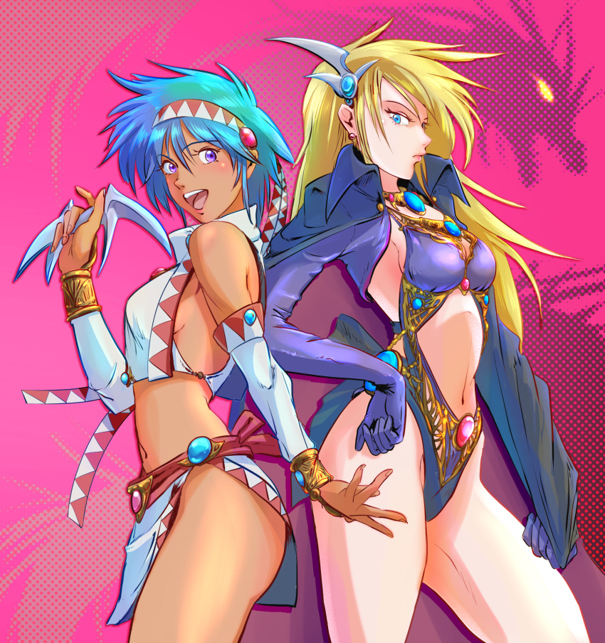 2girls annet_myer aqua_hair bb9_megadrive blade blonde_hair blue_eyes character_request cloak commentary_request dark_skin dragon el_viento game_console gloves highres jewelry looking_at_viewer monster multiple_girls open_mouth sega_mega_drive serious smile tribal villain_pose violet_eyes