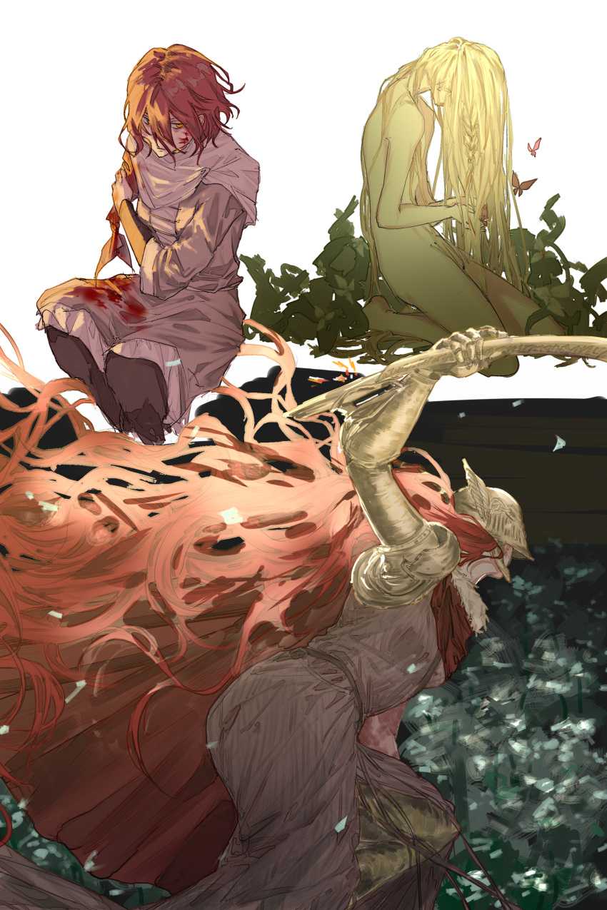 1boy 2girls absurdres amputee arm_up bangs blonde_hair blood blood_on_clothes blood_on_face braid brown_dress bug butterfly cape completely_nude covered_eyes cropped_legs dress elden_ring facing_away feet_out_of_frame forgivesakura from_side fur-trimmed_cape fur_trim hair_between_eyes hand_on_own_arm helmet highres holding holding_sword holding_weapon kneeling long_hair malenia_blade_of_miquella millicent_(elden_ring) miquella_(elden_ring) multiple_girls nude prosthesis prosthetic_arm red_cape redhead scar scar_on_face short_hair single_braid sword very_long_hair weapon white_background winged_helmet yellow_eyes