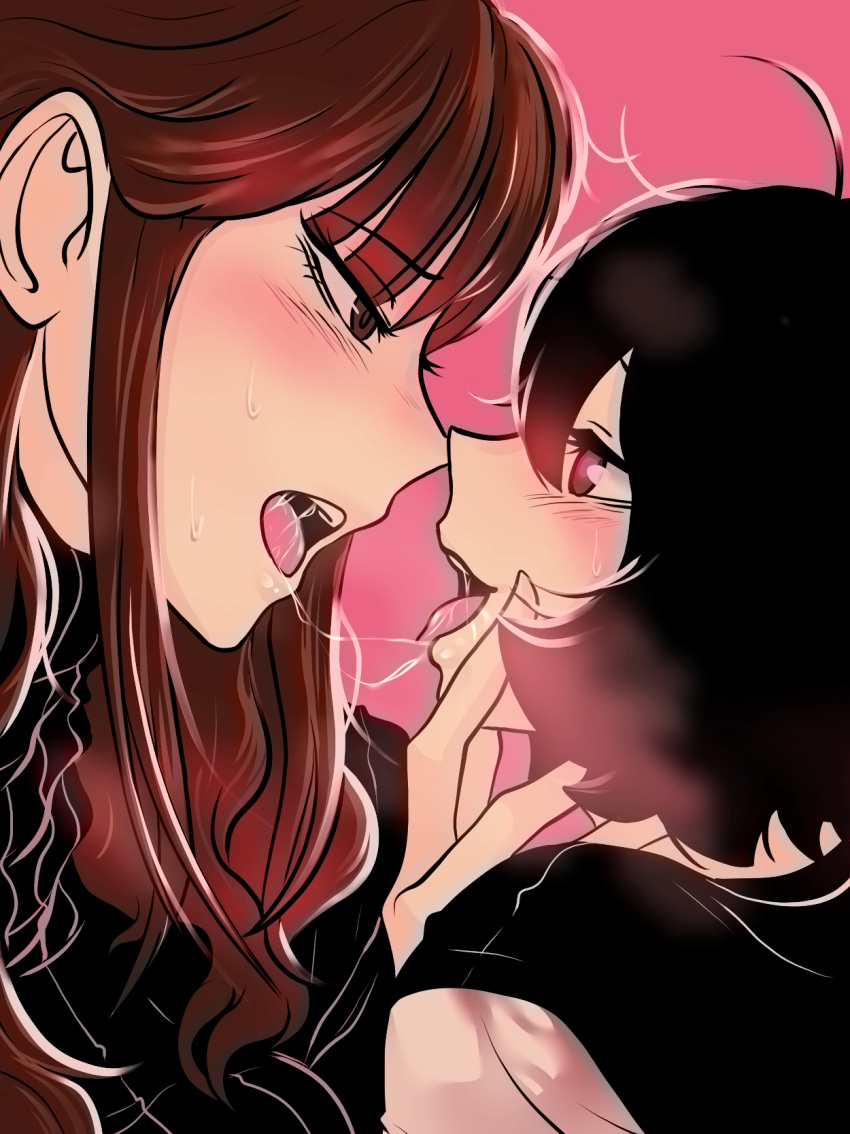 2girls after_kiss black_hair blush brown_eyes brown_hair commentary_request eyebrows_visible_through_hair highres multiple_girls open_mouth original pink_background saliva saliva_trail sweat teeth tongue upper_teeth user_kkdd4258 yuri
