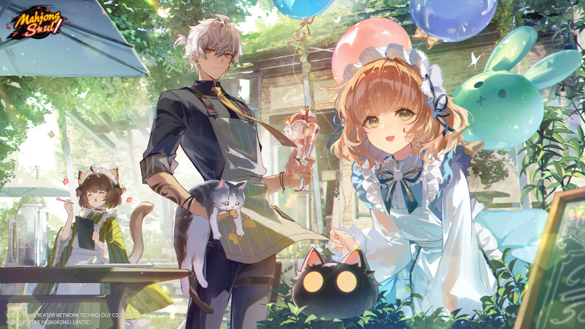 1boy 2girls a-37 absurdres animal animal_ears apron arm_tattoo artist_request balloon bangs brown_hair cat cat_ears cat_girl chalkboard_sign choker copyright copyright_name earrings food frilled_choker frills highres hina_momo holding holding_animal holding_cat holding_food ice_cream ichihime jewelry logo looking_at_viewer mahjong mahjong_soul maid maid_apron maid_headdress multiple_girls necktie official_art official_wallpaper open_mouth outdoors plant stud_earrings sundae table tattoo tenbou white_hair yellow_necktie yostar