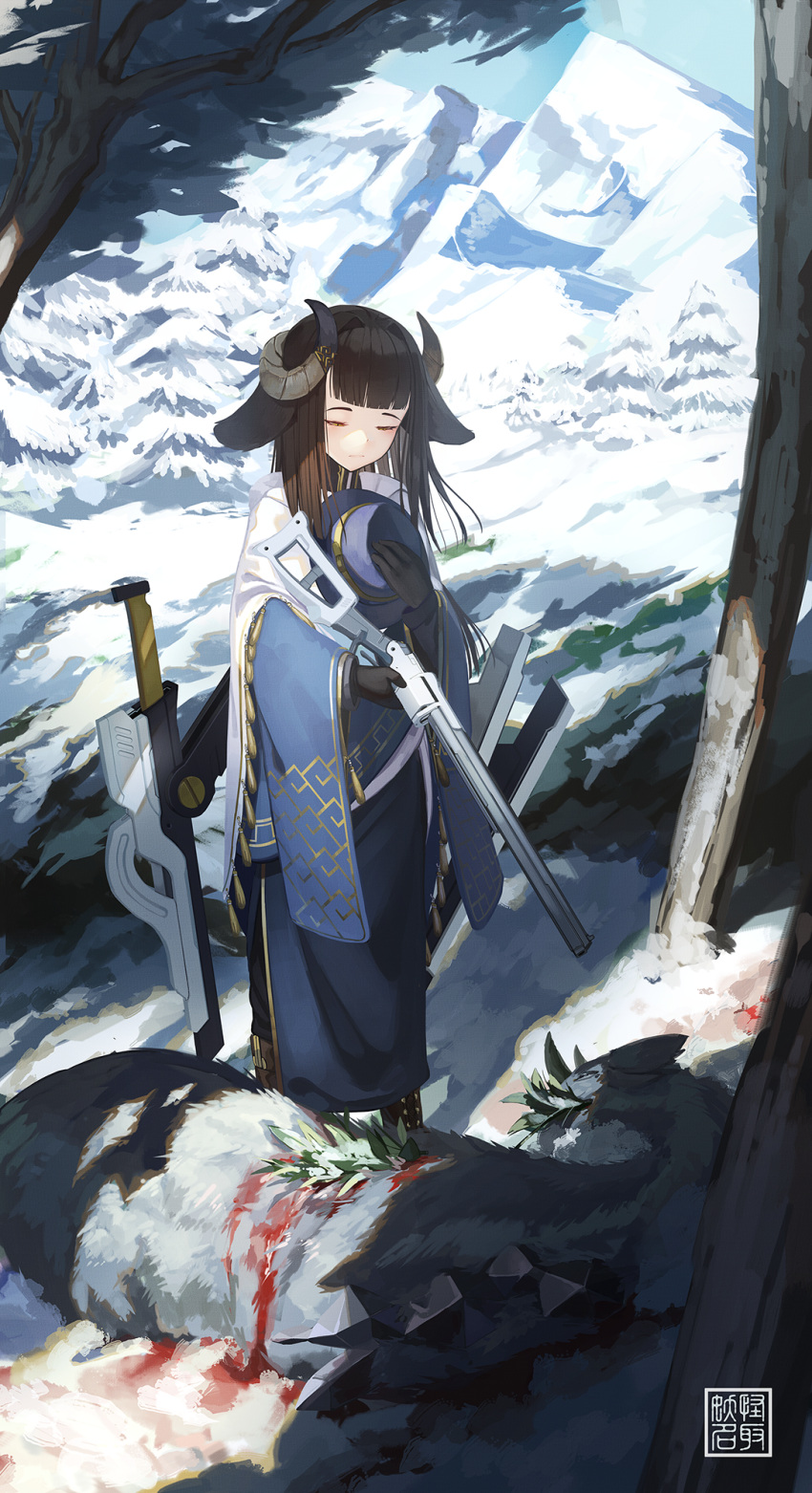 1girl animal animal_ears bangs black_gloves blood blood_on_snow blue_headwear blue_kimono blunt_bangs boots brown_hair closed_eyes commentary_request day death eyelashes forest frills frown furisode gloves gun half-closed_eyes hand_up hat hat_removed headwear_removed herb highres holding holding_clothes holding_gun holding_hat holding_weapon horns japanese_clothes kimono long_hair mecha_musume mourning natori_youkai nature original outdoors rifle scenery shadow shawl slit_pupils snow standing straight_hair tassel weapon yellow_eyes