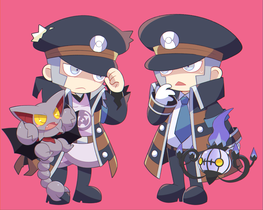 2boys absurdres belt black_coat black_footwear black_headwear black_pants blue_necktie brown_belt chandelure chibi closed_mouth coat collared_shirt commentary_request dress_shirt dual_persona frown gliscor gloves grey_eyes grey_hair hat high_collar highres ingo_(pokemon) long_sideburns male_focus multiple_boys necktie pants peaked_cap pink_background pokemon pokemon_(creature) pokemon_(game) pokemon_bw pokemon_legends:_arceus shirt shoes short_hair sideburns standing subaru331 trench_coat white_gloves white_shirt