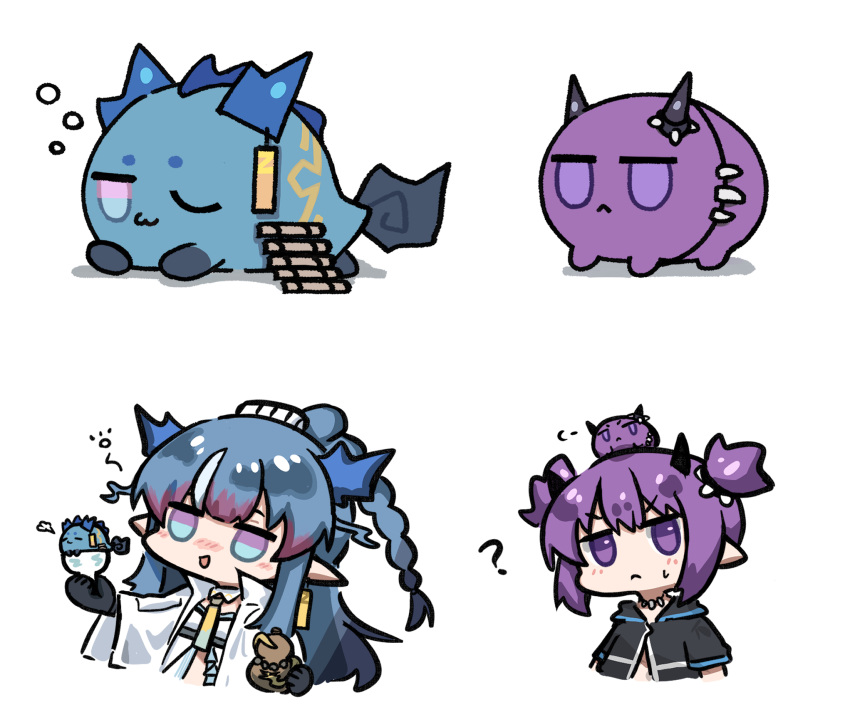 2girls :&lt; ? animal animalization arknights arm_tattoo black_jacket black_skirt blue_hair chibi demon_horns dragon_horns ear_piercing highres holding horns jacket jewelry jitome lava_(arknights) ling_(arknights) mabing multicolored_hair multiple_girls necklace necktie piercing pointy_ears ponytail purple_hair shirt short_hair short_twintails sidelocks simple_background skirt sleep_bubble streaked_hair sweatdrop tattoo tooth_necklace twintails upper_body white_background white_shirt yellow_necktie