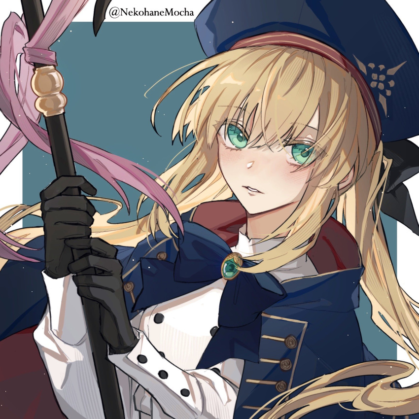 1girl artoria_caster_(fate) artoria_pendragon_(fate) black_bow black_gloves blonde_hair blue_bow blue_cape blue_headwear blush bow bowtie brooch buttons cape commentary_request dress fate/grand_order fate_(series) gloves green_eyes hair_bow hat highres holding holding_staff holding_weapon jewelry long_hair long_sleeves looking_at_viewer nekohanemocha parted_lips sidelocks solo staff twintails twitter_username upper_body very_long_hair weapon white_dress