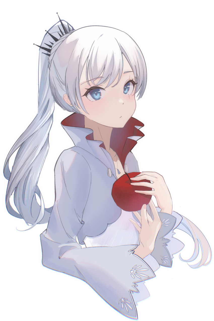 1girl :/ absurdres apple bangs blue_eyes blush closed_mouth cropped_jacket cropped_torso english_commentary eyebrows_visible_through_hair food fruit hair_ornament highres holding holding_food holding_fruit jewelry long_hair looking_at_viewer mican12996453 necklace ponytail rwby scar scar_across_eye shirt simple_background solo tiara upper_body weiss_schnee white_background white_shirt