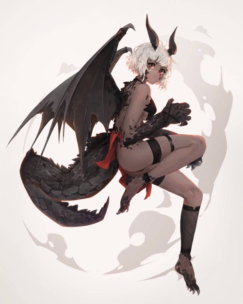 1girl absurdres animal_hands anklet claws dark-skinned_female dark_skin dragon_girl dragon_horns dragon_tail felix_thirasat floating full_body halterneck hand_up highres horns jewelry looking_at_viewer looking_back monster_girl original red_eyes scales scar scar_across_eye short_hair simple_background slit_pupils smoke solo tail thigh_strap white_background white_hair