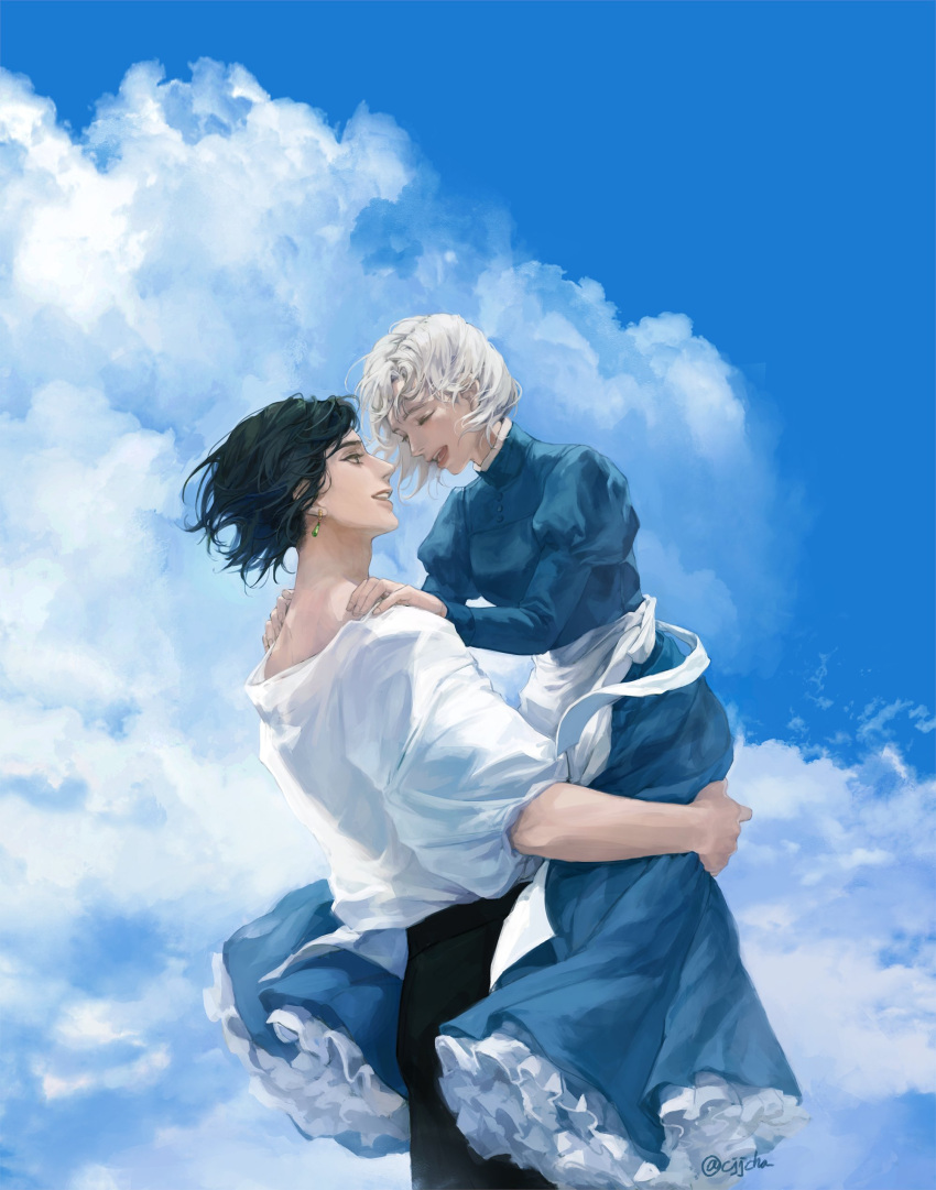 1boy 1girl absurdres apron black_hair black_pants blue_dress cjjcha closed_eyes clouds cloudy_sky couple dress earrings frilled_dress frills hands_on_another's_shoulders high_collar highres holding_person howl_(howl_no_ugoku_shiro) jewelry long_dress long_sleeves open_mouth pants parted_lips puffy_sleeves shirt short_hair sky smile sophie_(howl_no_ugoku_shiro) teeth upper_body upper_teeth waist_apron white_hair white_shirt