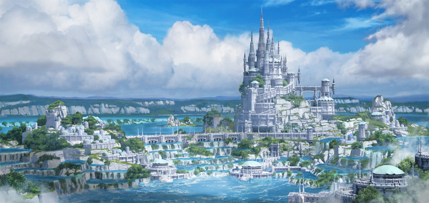 architecture blue_sky building castle city commentary fantasy flying_buttress gothic gothic_architecture highres horizon mountainous_horizon no_humans ocean original scenery sky spire tenca_arts tower water