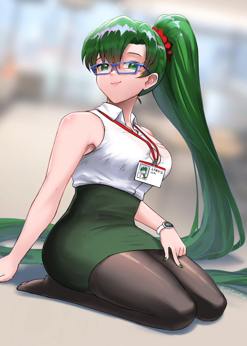 1girl alternate_costume bangs bespectacled blurry blurry_background breasts burnt_green_tea commentary fire_emblem fire_emblem:_the_blazing_blade glasses green_eyes green_hair green_nails hair_ornament highres id_card large_breasts long_hair looking_at_viewer lyn_(fire_emblem) nail_polish office_lady pantyhose pencil_skirt ponytail skirt smile solo very_long_hair watch watch