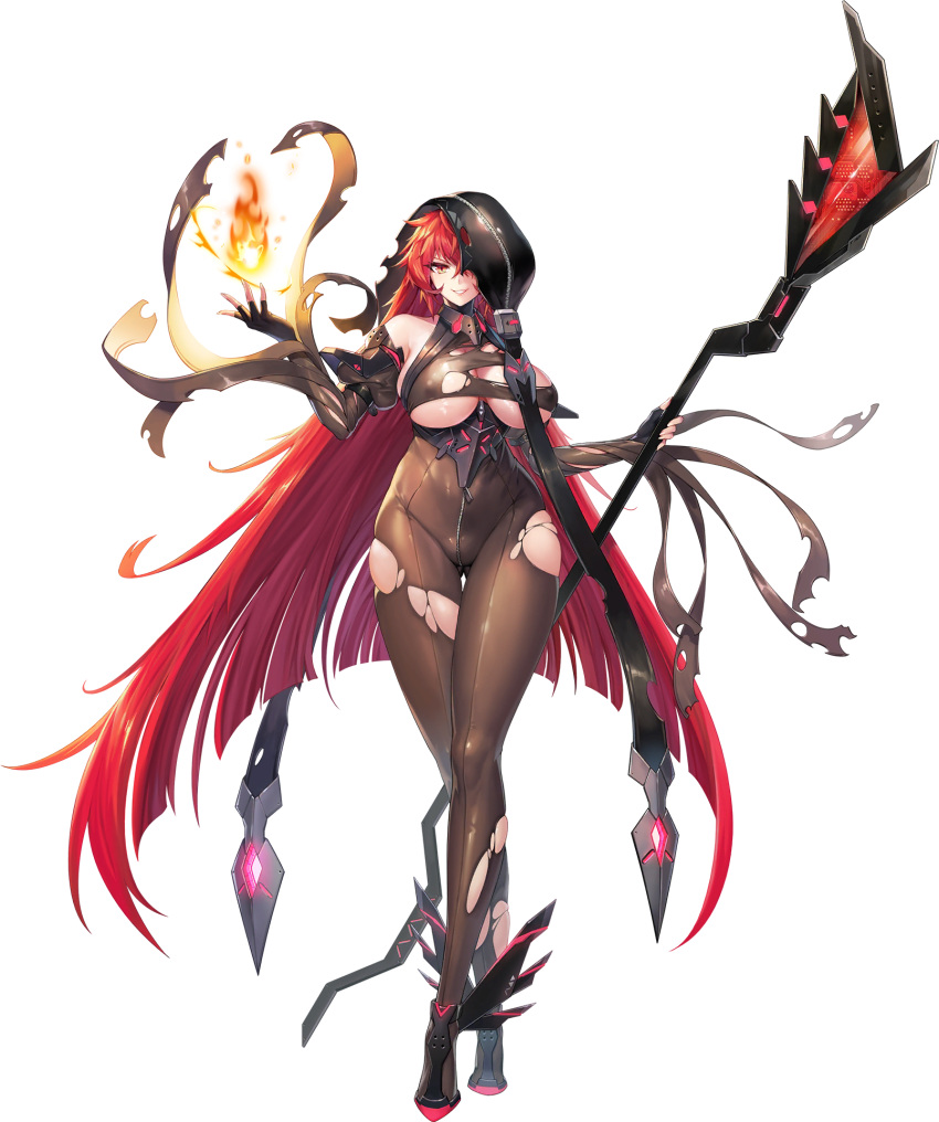 1girl bodysuit breasts brunhild_(last_origin) elbow_gloves fingerless_gloves fire flame full_body gloves grin hair_over_one_eye highres hood hood_over_one_eye large_breasts last_origin long_hair looking_at_viewer luvents3 official_art pyrokinesis red_eyes redhead smile solo staff tachi-e thigh_gap torn_bodysuit torn_clothes transparent_background very_long_hair wide_hips